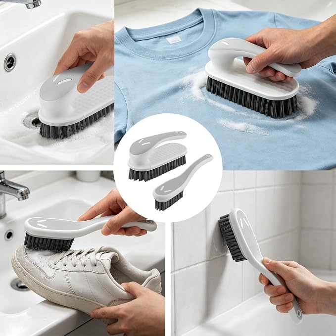 SetSail Soft Bristle Scrub Cleaning Brush 3 Pack Laundry Brush Gray White | Soft Scrub Brush Anti- Slip Stain Remover Easy to Grip Fabric Cleaning Brush，Household Cleaning for Shoes，Carpet，Bathroom