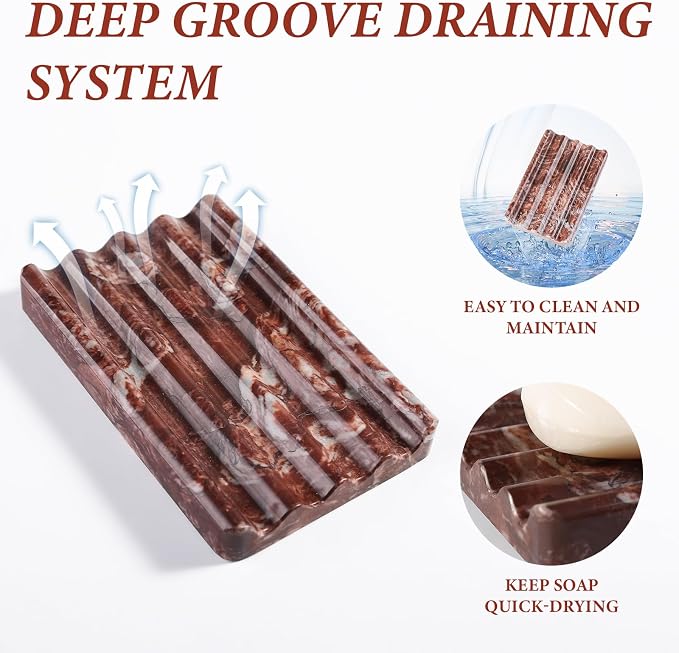 Natural Marble Soap Dish for Shower, Red Marble Soap Tray for Bathroom, Bar Soap Holder for Sink, Stripe Grooves Saver Stone Soap Dish Keep Soap Bars Dry Easy Clean(Red Storm)