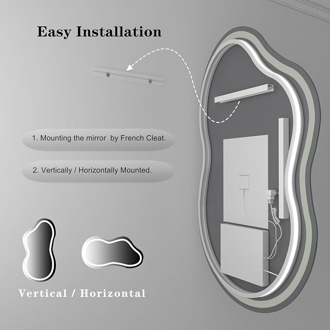 SMIROR 20x36 Irregular Led Lighted Bathroom Vanity Mirror | Asymmetrical, Cloud Shape, Front lighted + Backlit, Anti-Fog, 3 Colors, Dimmable, Memory, Tempered Glass, UL
