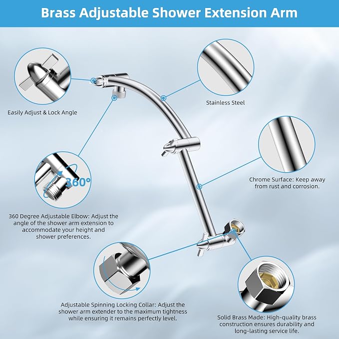 Hibbent 10'' Filtered Rain Shower Head with 16'' Extension Arm, Chrome | High Pressure Rainfall Showerhead, Brass Adjustable Shower Head Extension Arm, 20 Stage Shower Filter, Fixed Showerheads