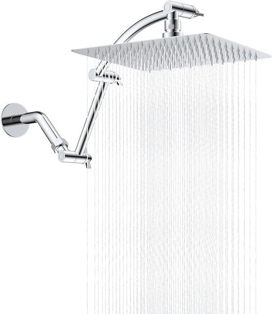 Hibbent All Metal 10'' Rain Shower Head with 16'' Extension Arm, Chrome | cUPC Certified High Pressure Rainfall Showerhead with Solid Brass Adjustable Shower Head Extension Arm, Fixed Showerheads