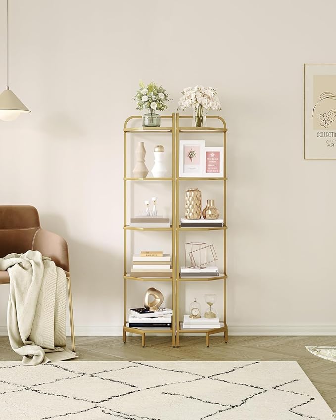 Hzuaneri Corner Shelf Stand, 5-Tier Glass Bookshelf Bookcase, Plant Stand | Bathroom Organizer Steel Frame, Tempered Glass, Modern Style for Living Room, Bathroom, Kitchen, Gold CS90200G