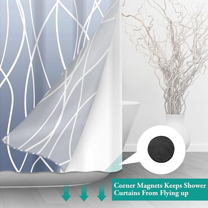 No Hook Shower Curtain with Liner, Ombre Blue, 71 x 86 Inch | Stripe Pattern,Waterproof,Quick Dry,Mesh Top Window,Bottom Magnets,Hotel Style,Machine Washable,Modern,for Bathroom