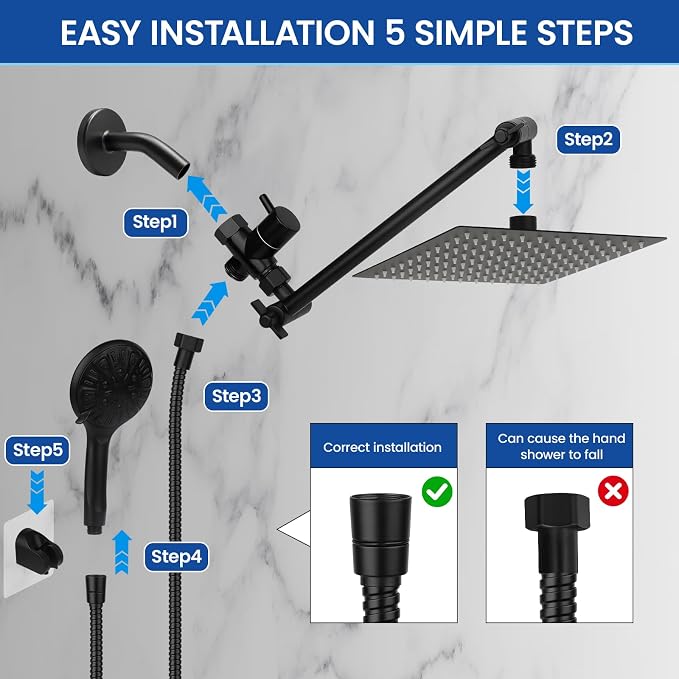 Shower Head, 8'' High Pressure Rainfall/Handheld Shower Combo, Matte Black | 9 Settings, Anti-leak Shower Head with 11'' Extension Arm, Holder, Hose, Height/Angle Adjustable Shower, 1.75GPM