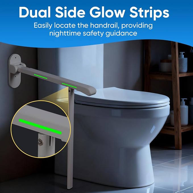 26.8 INCH Flip-Up Toilet Grab Bar with Support Leg, Wall-Mounted Safety Rail for Bathroom, Night Glow Strips on Both Sides, Folding Handrail for Elderly & Disabled