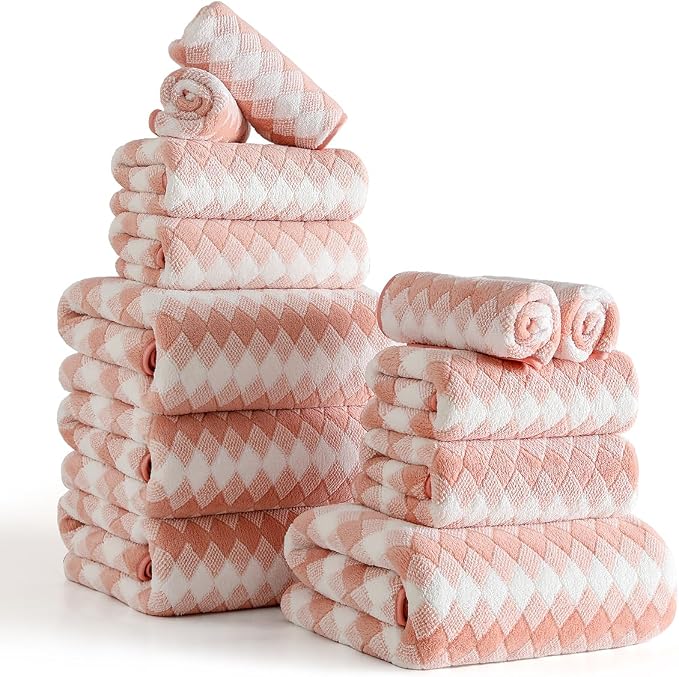 12 Pcs Pink White Diamond Towel Set-4 Bath Towels,4 Hand Towels,4 Washcloths Soft Polyester Towels with Loop Absorbent Shower Towel Quick Dry Beach Chair Towel Family Towels for Bathroom Spa Gym Pool