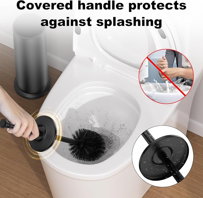 Black Toilet Brush and Holder，Extra Long Handled Toilet Brush for Bathroom，Stainless Steel Heavy Duty Toilet Bowl Brush,Removable Inner Bowl,Deep Cleaning Dense Bristles Cleaner Brush -Space Saving