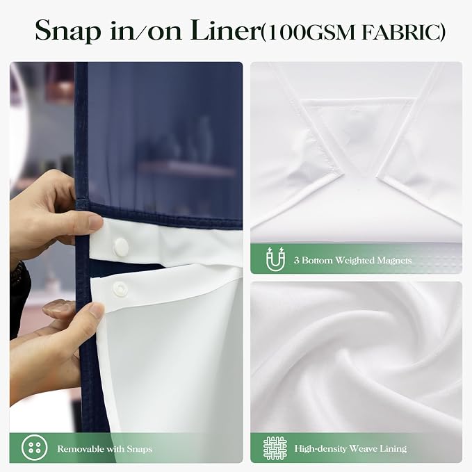 Navy Blue Hook Free Waffle Shower Curtain & Snap-in Liner,72x75 | Less Time to install, 3 in 1 Fabric Shower Curtain and Liner Set with Magnets, Mesh Top Window, Shower Curtains for Bathroom