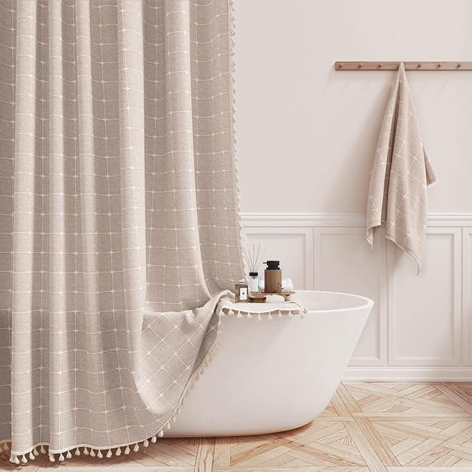 Long Boho Farmhouse Linen Heavy Duty Shower Curtain, 72x84, Tan/Taupe | Tall Size, 330GSM Linen Blend, 3-side Tassels, Water Repellent Fabric, 12 Plastic Hooks, Rustic Bohemian, Machine Washable