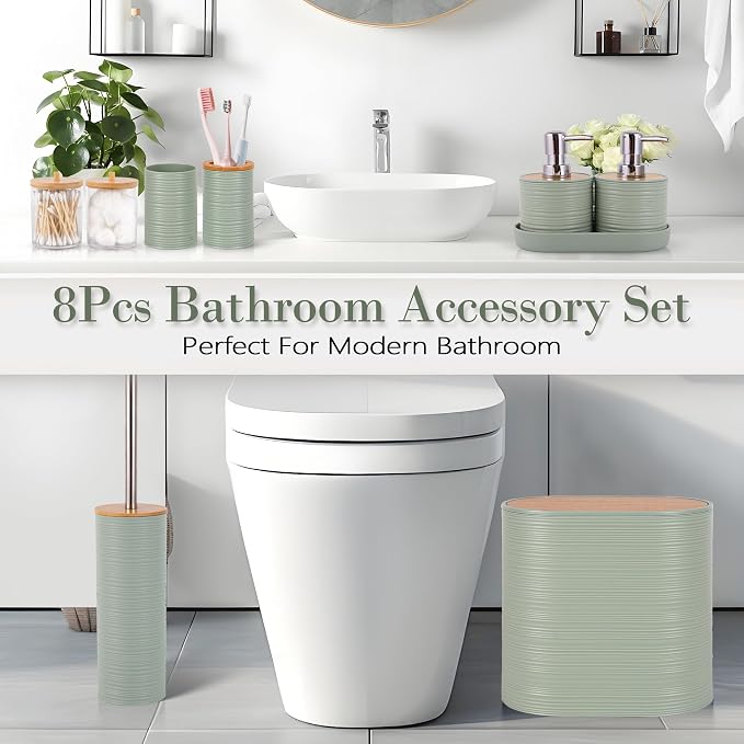 10 PCS Green Bathroom Accessories Set with Trash Can Bathroom Accessory | All-in-One Kit with Trash Can,Toothbrush Holder,Soap Dispenser,Toothbrush Cup,Vanity Tray,Soap Dish,Toilet Brush etc for Home