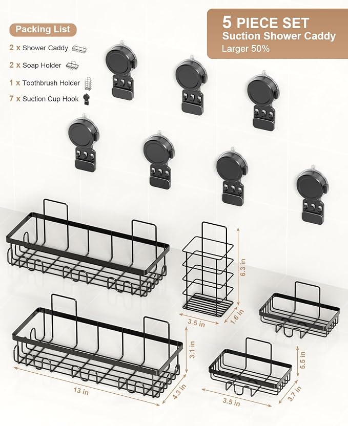 JOTPE Shower Caddy 5 Pack, No-Drill Suction Shower Organizer, Black | Strong suction shower caddy installs without drilling, Large storage keeps shampoo, soap and bath essentials organized