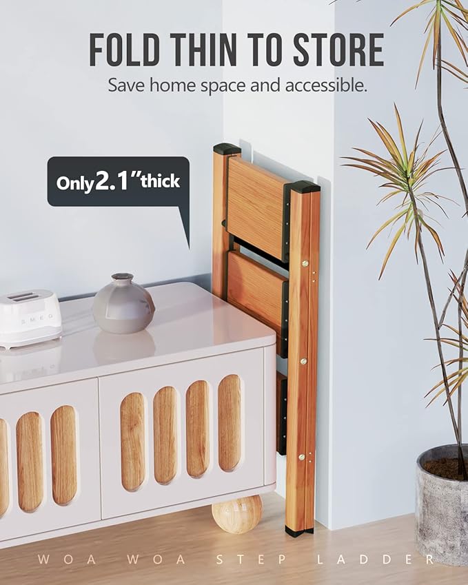 3 Step Foldable Step Stool, 300lbs Load, Wood Grain | Folded 36''H x 3''T; Net 9 lbs; Non-Slip Feet: Wood/Tile/Carpet; Rigid Aluminum Steps; No Assembly; Ready From Box.