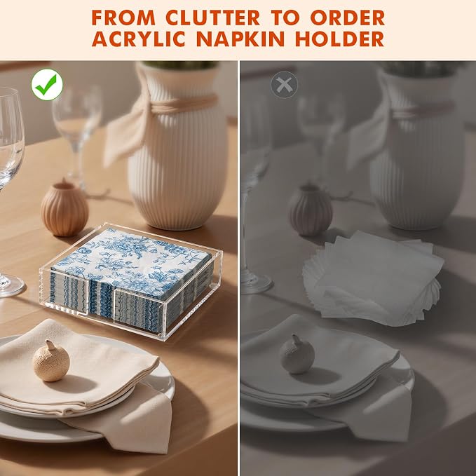 Kordory Acrylic Counter Napkin Holder for Kitchen Table, Home, Restaurant | Clear Modern Square Paper Napkin Holders for Bar, Dinner Table Guest Napkin Holder