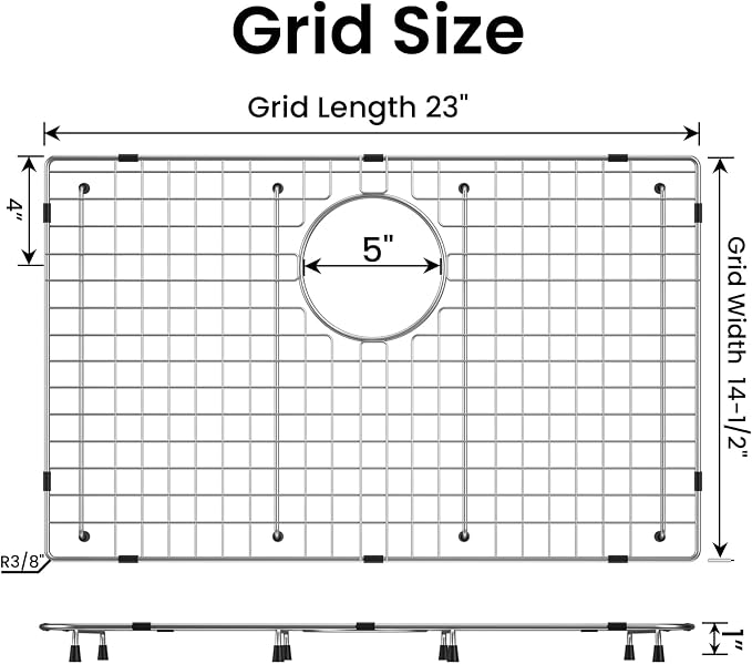 Sink Bottom Grid 23" X 14-1/2", Rear Drain with Corner Radius 3/8", Sink Protector for Single Bowl Sink