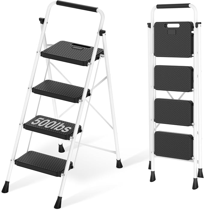 Step Ladder, Portable Steel Folding Step Stool with Wide Anti-Slip Pedal & Convenient Handgrip, Sturdy Steel Ladder, 4-Step, White