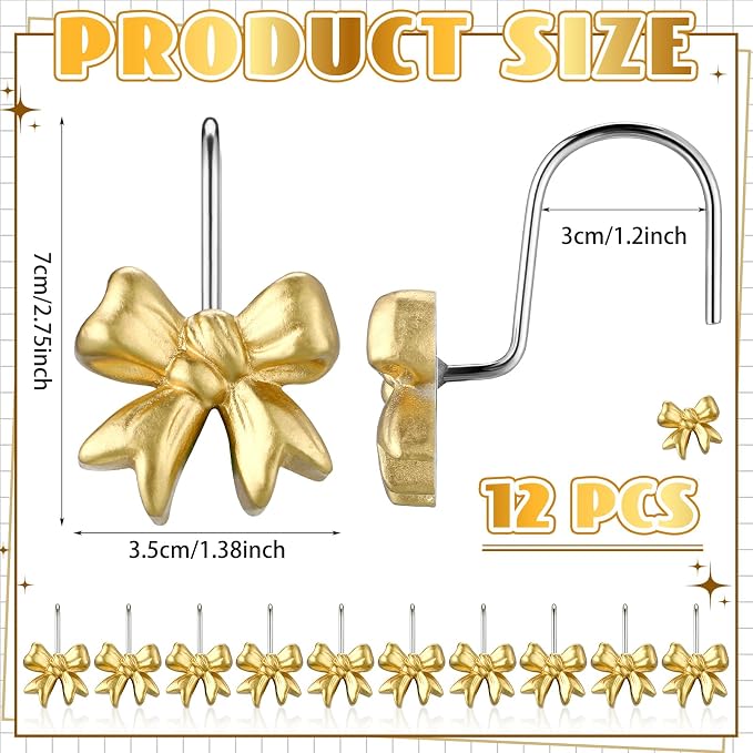 Yaocom 12 Pcs Gold Bow Shower Curtain Hooks Rustproof Metal Bathroom | Decorative Shower Hangers Bulk Glide Curtain Rings for Bathroom Bedroom Living Room Art Decoration