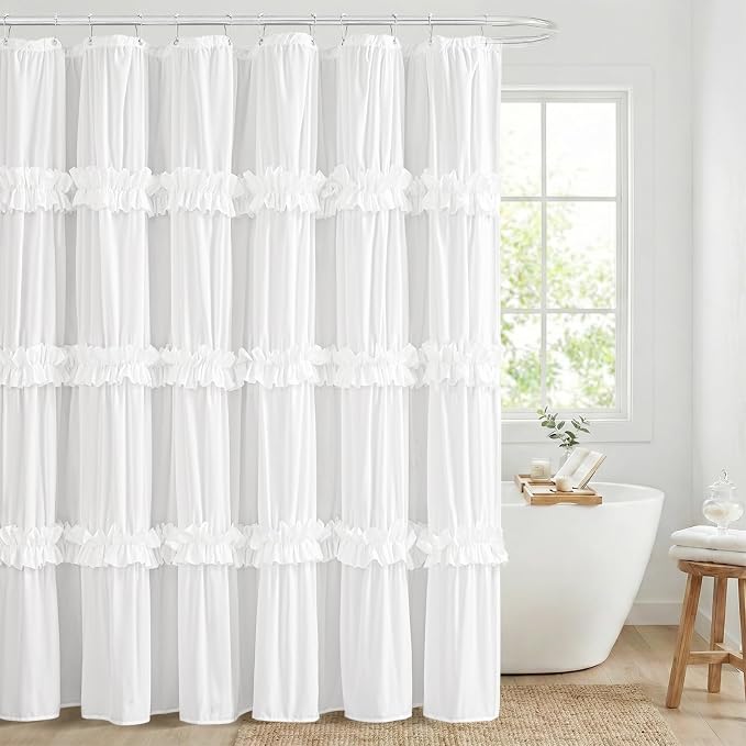 LIPA Boho Shower Curtain Rustic Ruffle Shower Curtain with Ruched & Bow Vintage Farmhouse Shower Curtains for Bathroom Bohemian Bathroom Decor(White,72x78 Inches)