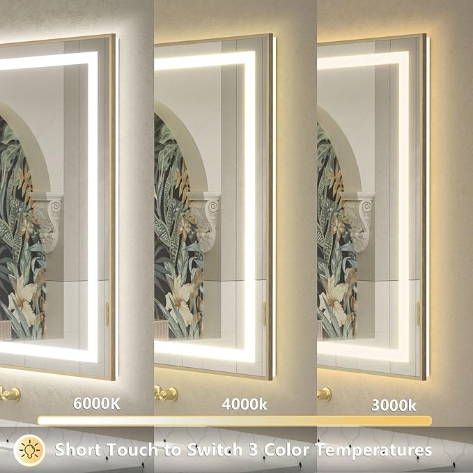 OKPAL 60x36 LED Bathroom Mirror Gold Metal Framed Front Light & Backlit, Lighted Vanity Mirror, Anti-Fog, Dimmable, 3 Colors, Shatterproof, ETL Listed, Horizontal/Vertical