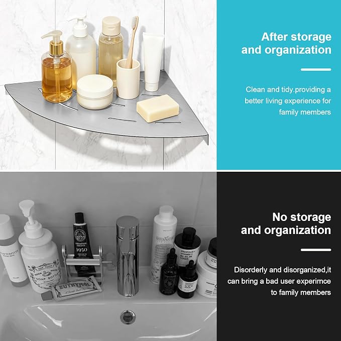 soaez Brushed Nickel Corner Shower Shelf, SUS304 Stainless Steel Bathroom Shower Shelves Prevent Rust Drilling Installation (8", 2Pack)