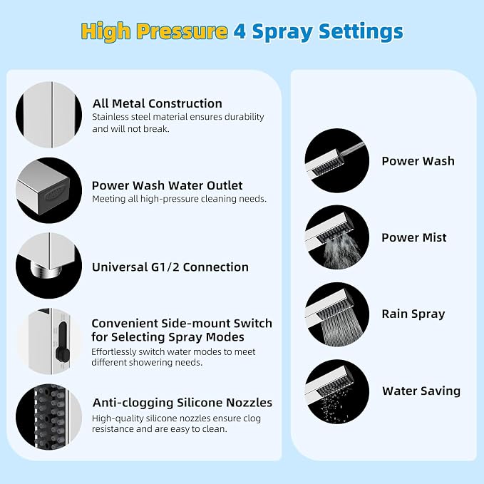 Hibbent All Metal cUPC Certified Shower Head, 10'' High Pressure Rainfall Shower Head, Showerhead Combo, Handheld Shower Wand, 12'' Adjustable Extension Arm, 4-Spray, 71'' Hose, Shower Holder, Chrome