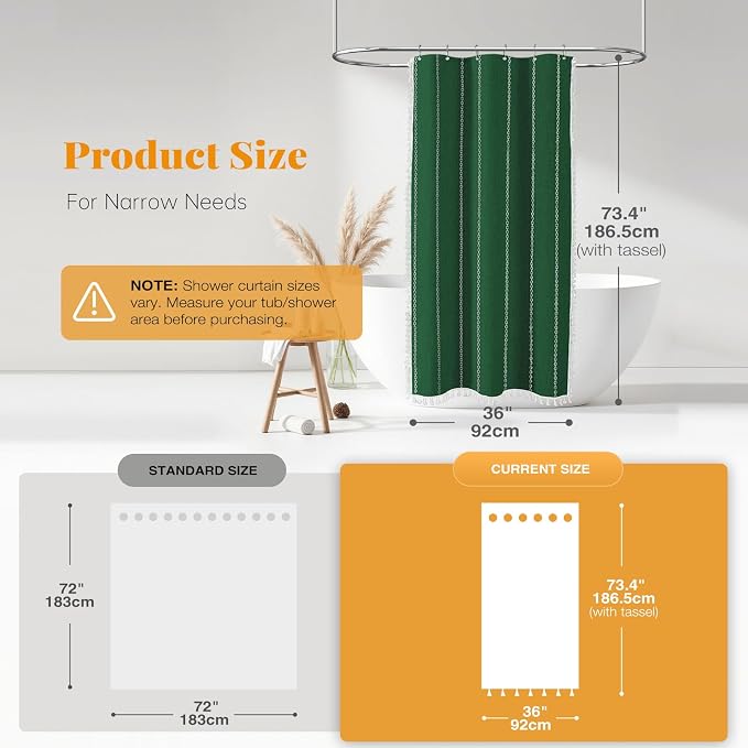 Small Boho Linen Heavy Duty Cloth Shower Curtain, 36x72, Emerald Green | Stall Size, 330GSM Linen Blend, Water Repellent, Vintage Striped Fabric, 6 Plastic Hooks, Rustic Country, Machine Washable