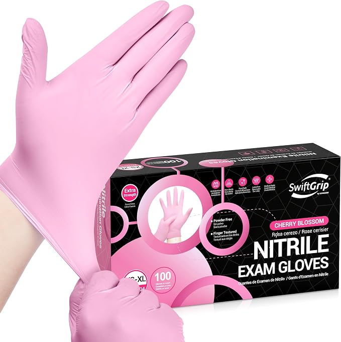 SwiftGrip Nitrile Exam Gloves, 4 Mil, Cherry Blossom, Food Safe Gloves Disposable Latex Free, Powder Free