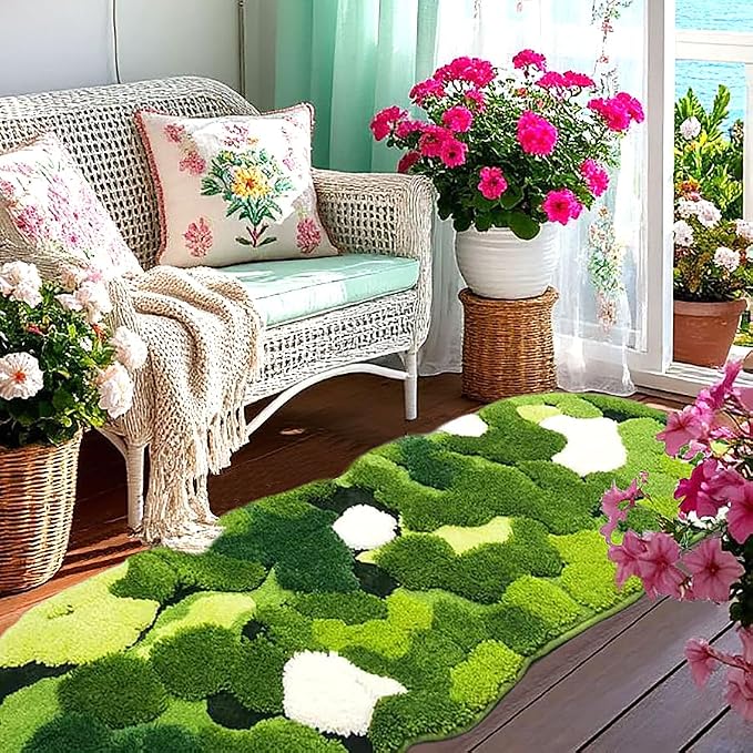 Hifuwan Cute Green Moss Bathroom Runner Rugs 24x60, Plant Leaves Bath Mats | Extra Large, Shaggy, Non Slip, Absorbent,Machine Washable Shower Mats for Kitchen Bedroom Sinks Cottagecore Decor