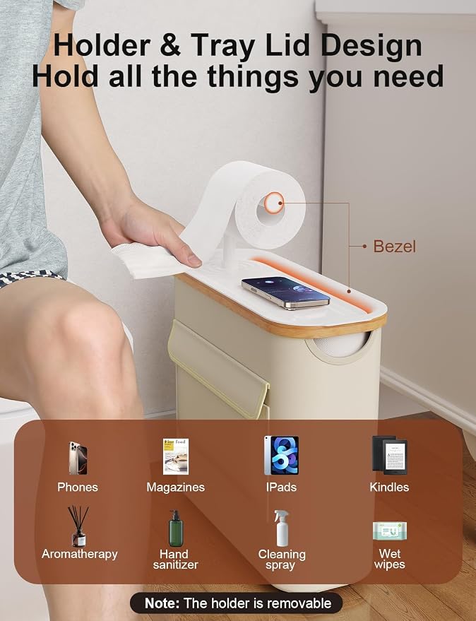 Toilet Paper Basket with Holder, Tray and Bamboo Frame, 12 Rolls, Beige | Waterproof Oxford fabric, privacy pocket, viewing window and suction-cup base for 9 mega or 12 regular rolls plus 1 in use