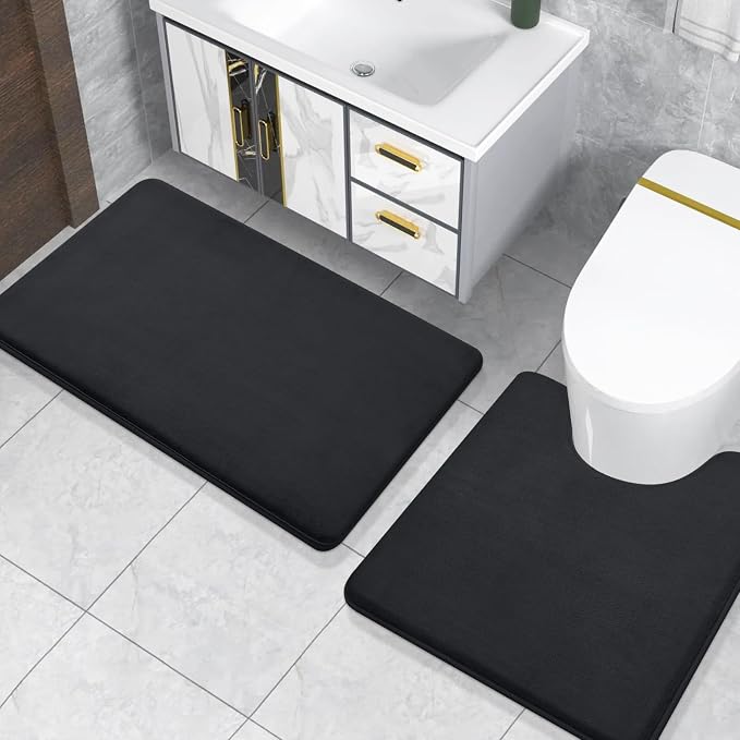 Smiry Memory Foam Toilet Rugs 20x20, Extra Soft Absorbent Bathroom Rugs | Black, Quick Dry Machine Washable Non-Slip Contour Bath Mat for Toilet