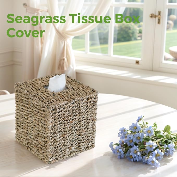 Seagrass Tissue Box Cover Square, Handwoven Facial Tissue Box Holder | Natural Seagrass, Decorative Cube Wicker Tissue Cover Tissue Holder for Bathroom Bedroom Office, Boho Decor