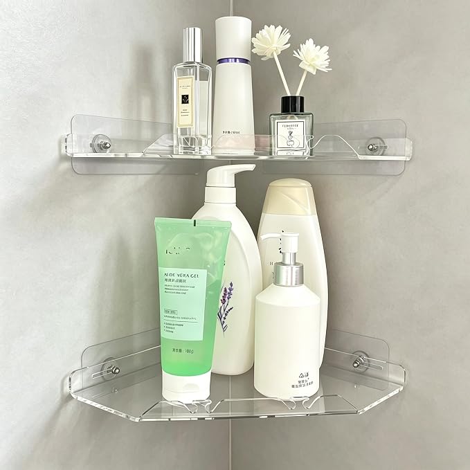Corner Shower Caddy Shelf Rack 2 Tier Adhesive Shower Organizer Essentials - No Drilling Acrylic Bathroom Storage Rack with Hooks No Drilling Shelves (10"x10" 2 tier clear)