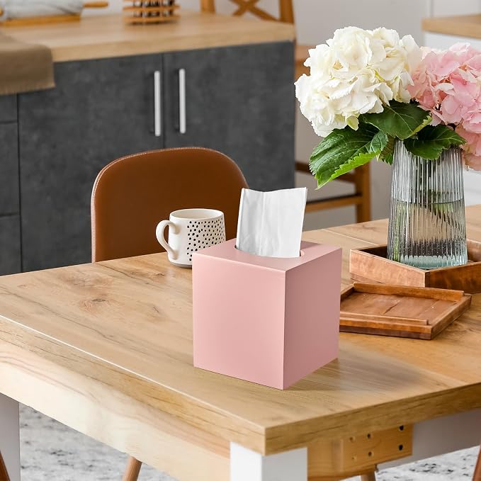 Pink Tissue Box Cover Square - Wood Tissue Box Holder for Tabletop Night Stands Bathroom Office - Decorative Facial Cube Tissue Box Dispenser