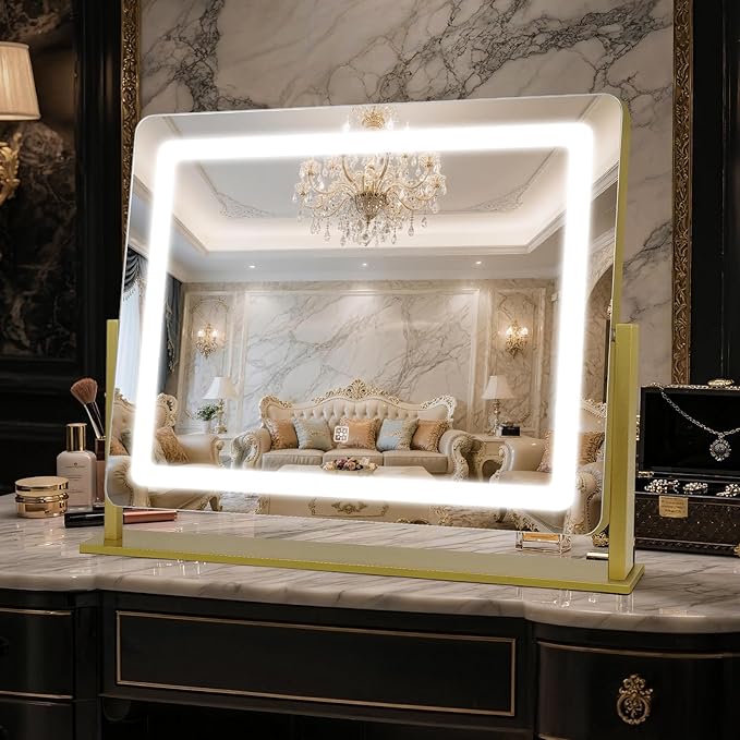Vanity Mirror with Lights 22"×17", Large LED Makeup Mirror with Light, Smart Touch with 3-Color Lighting, Dimmable, 360° Rotation, HD Desk Mirror, Vanity Mirror Tabletop (Gold)