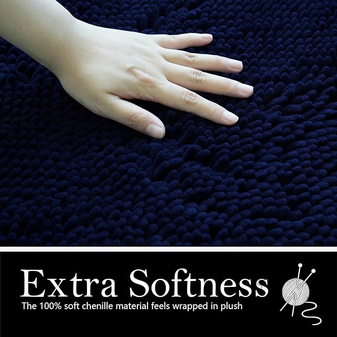Bathroom Rugs Chenille Bath mat 2 Piece Set, Super Absorbent, Strong PVC Non Slip Backing, Bath mats for Bathroom, Plush Shaggy, Thick, Machine Washable, Bathtub, Toilet.(Navy Blue)