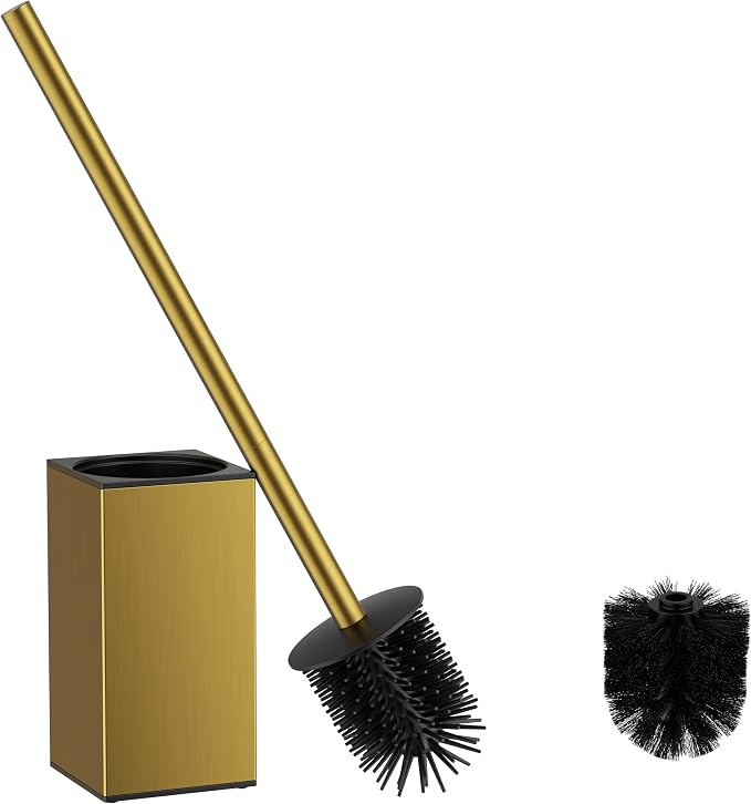FORIOUS Toilet Brush, 2 Toilet Bowl Brush Head Square Short Gold | Heavy Duty 304 Stainless Steel Base, Silicone and Plastic Brush Heads, 360° Deep Cleaning, Drip-Proof, Splash-Proof Design