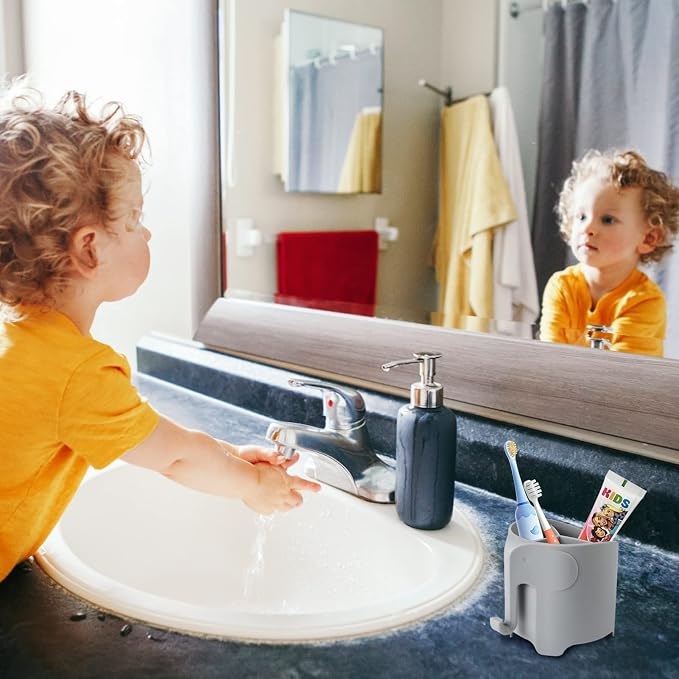 Elephant Toothbrush Holder for Toddler, Suction Cup Cute Toothbrush Holder for Kids, for Bathroom, with 3 Slots and 1 Hook, Grey