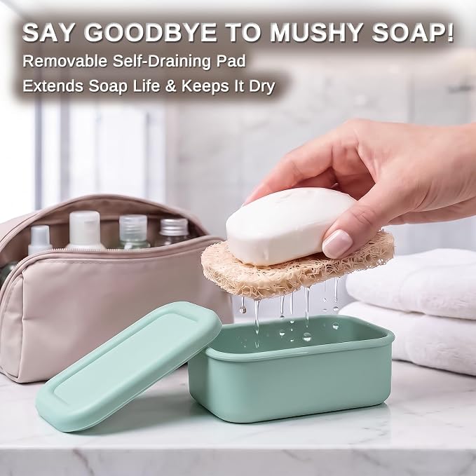 HighHerz Leak Proof Silicone Travel Soap Case with Draining Tray - Bar Soap Holder for Travel, Gym & Camping - Mess-Free Portable Soap Container for Carry-on Bags (Mint Green)