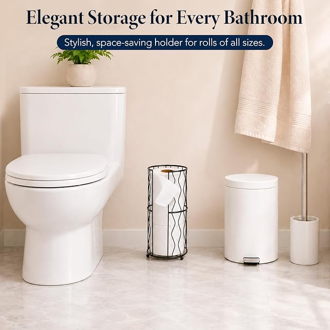 Modern Metal Freestanding Toilet Paper Roll Holder Stand and Dispenser with Storage for 3 Rolls of Reserve Toilet Tissue - for Bathroom Storage Organizing - Holds Mega Rolls (Matte Black)