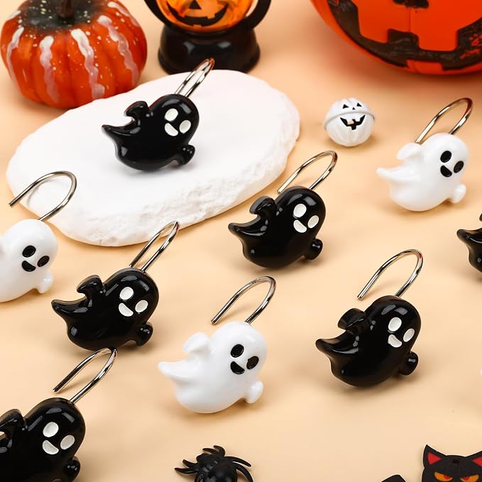 Halloween Shower Curtain Hooks 12 Pcs Ghost Pumpkin Decor Set | Resin Metal Standard Size, Smooth Gliding Rustproof, Bat Skull Spider Cat Designs, Bathroom Festive Home Accents