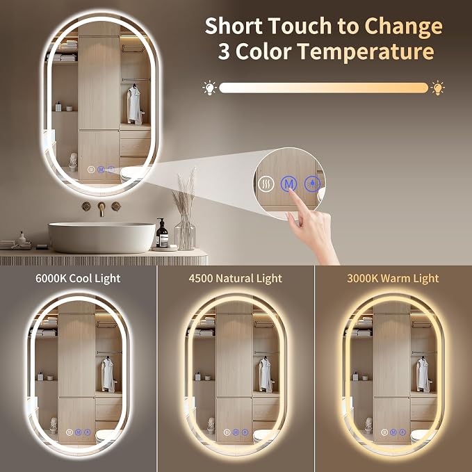 Oval LED Bathroom Mirror, 24"x 48" Frameless Lighted Mirror | LED Mirror with Front Light & Backlit, Anti-Fog, Dimmable Wall Mounted Lighted Mirror, Pill-Shaped Smart Bathroom Mirror
