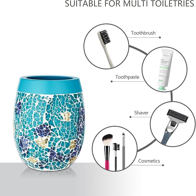 Handmade Blue Mosaic Glass Bathroom Accessory Sets 4PCS Bathroom Accessories Set Complete Includes Lotion Dispenser Toothbrush Holder Tumbler Cup & Vanity Tray
