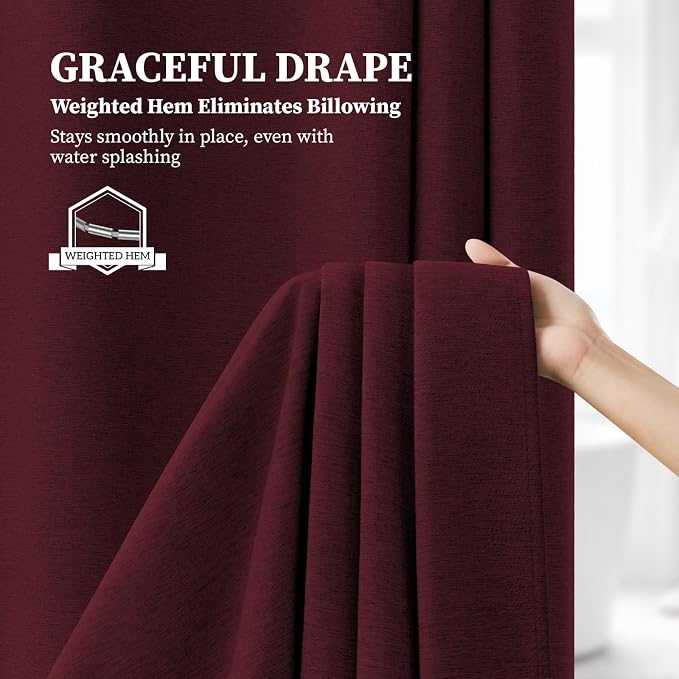 72x78 Linen Textured Waterproof Fabric Shower Curtain Set, Burgundy | Long Size, 230GSM Polyester, Heavy Duty Cloth, Weighted Hem, 12 Plastic Hooks, Modern Luxury Hotel Style, Machine Washable