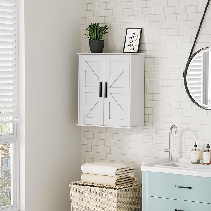 Homleke Bathroom Wall Cabinet, Medicine Cabinet with Adjustable Shelves | 3-Tier Wall Mounted Over Toilet Storage with Barn Doors, for Bathroom, Kitchen, Entryway, Laundry Room, White, (7.9" D)