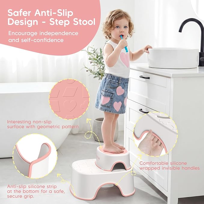 Maliton Potty Training Seat 2-in-1 with Step Stool & Anti-Slip Pink | ﻿ Potty Seat + Separate Step Stool, Adjustable Fits More Toilets, Anti-Slip, Sturdy, Splash Guard, Easy clean，Boys & Girls.