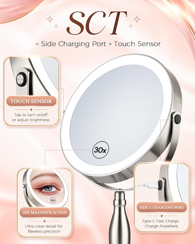 Makeup Mirror with Lights, 1X/30X Double Side Lighted Magnifying Mirror | 8'', 5000mAh Rechargeable Adjustable Brightness with 3 Colors, Side Touch & Side Charging with Adapter, Brushed Nickel