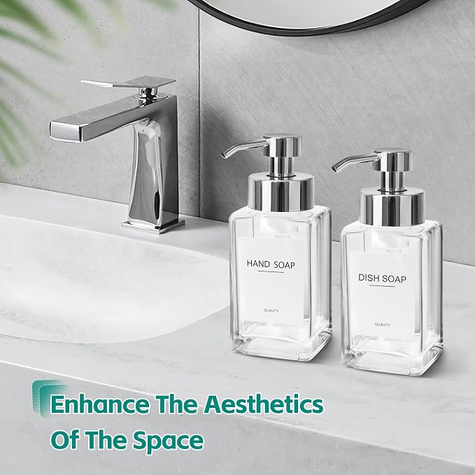 Foaming Soap Dispenser, 12oz/350ml Glass Hand Soap Dispenser Set, Refillable Foam Dispenser with Foaming Pump, Labels, Square Hand Dispenser for Bathroom, Kitchen 2 Pack
