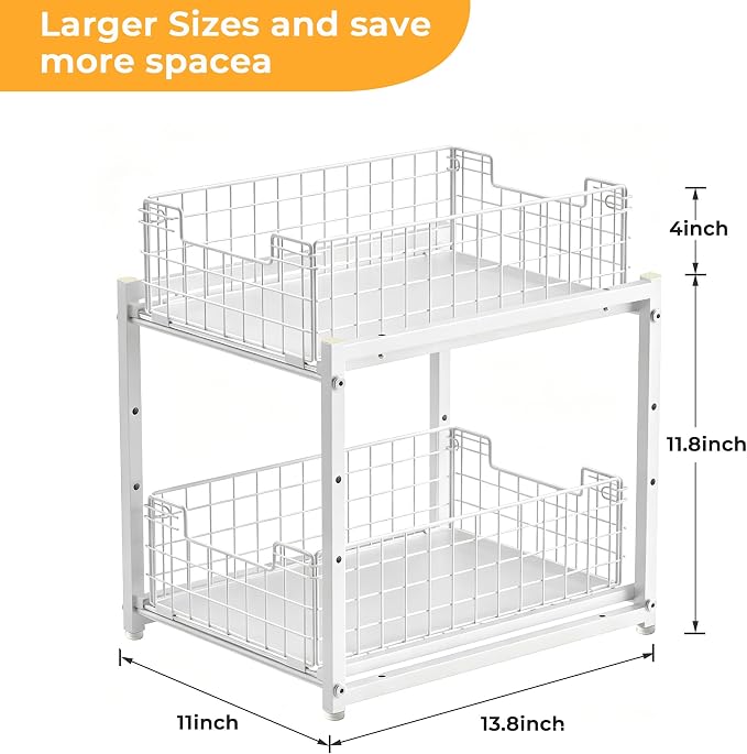 Under Sink Organizer, 2-Tier Pull Out Cabinet Organizer, Kitchen Bathroom Organizer and Storage, Spice Rack for Kitchen, Multi-use Sliding Drawers Shelves (1, white)