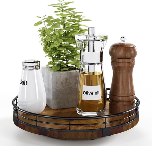 AMH 9-Inch Farmhouse Oak Lazy Susan Cabinet Organizer, Walnut Finish | Smooth rotating oak tray with walnut finish for dining tables, kitchen counters, pantries and cabinet storage.