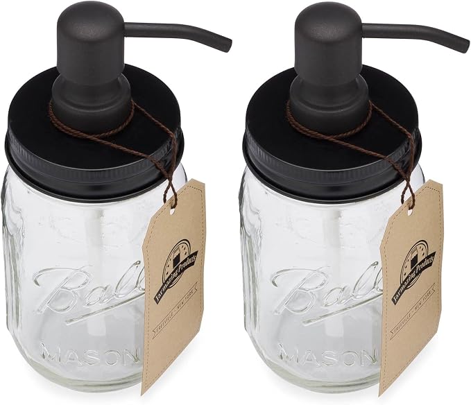 Mason Jar Soap Dispenser - Black - with 16 Ounce Ball Mason Jar - Made from Rust Proof Stainless Steel - Two Pack
