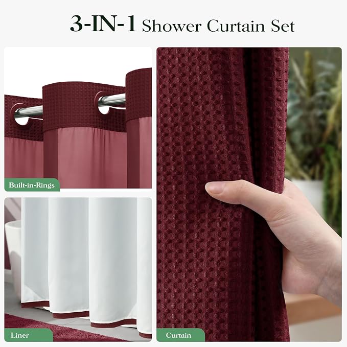 Burgundy Hook Free Waffle Shower Curtain & Snap Fabric Liner,72x87 | Less Time to install, 3 in 1 Fabric Shower Curtain and Liner Set with Magnets, Extra Long, Shower Curtains for Bathroom
